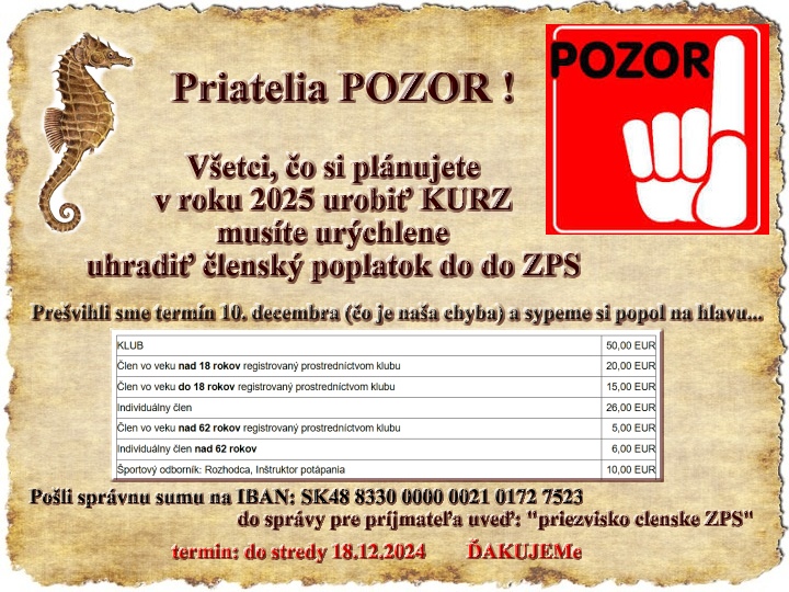 Členské vo Zväze potápačov Slovenska